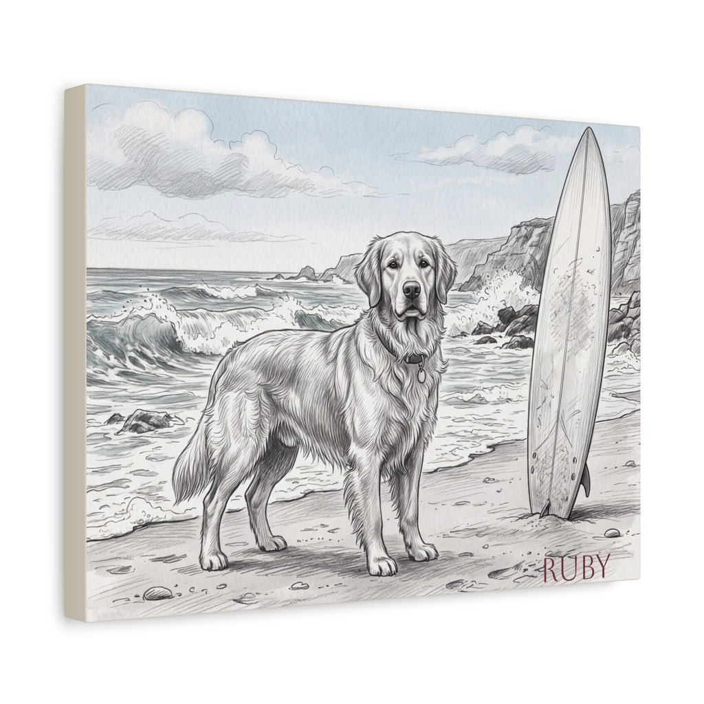 Golden Retriever Beach Sketch Personalized Canvas | Coastal Surf Wall Art
