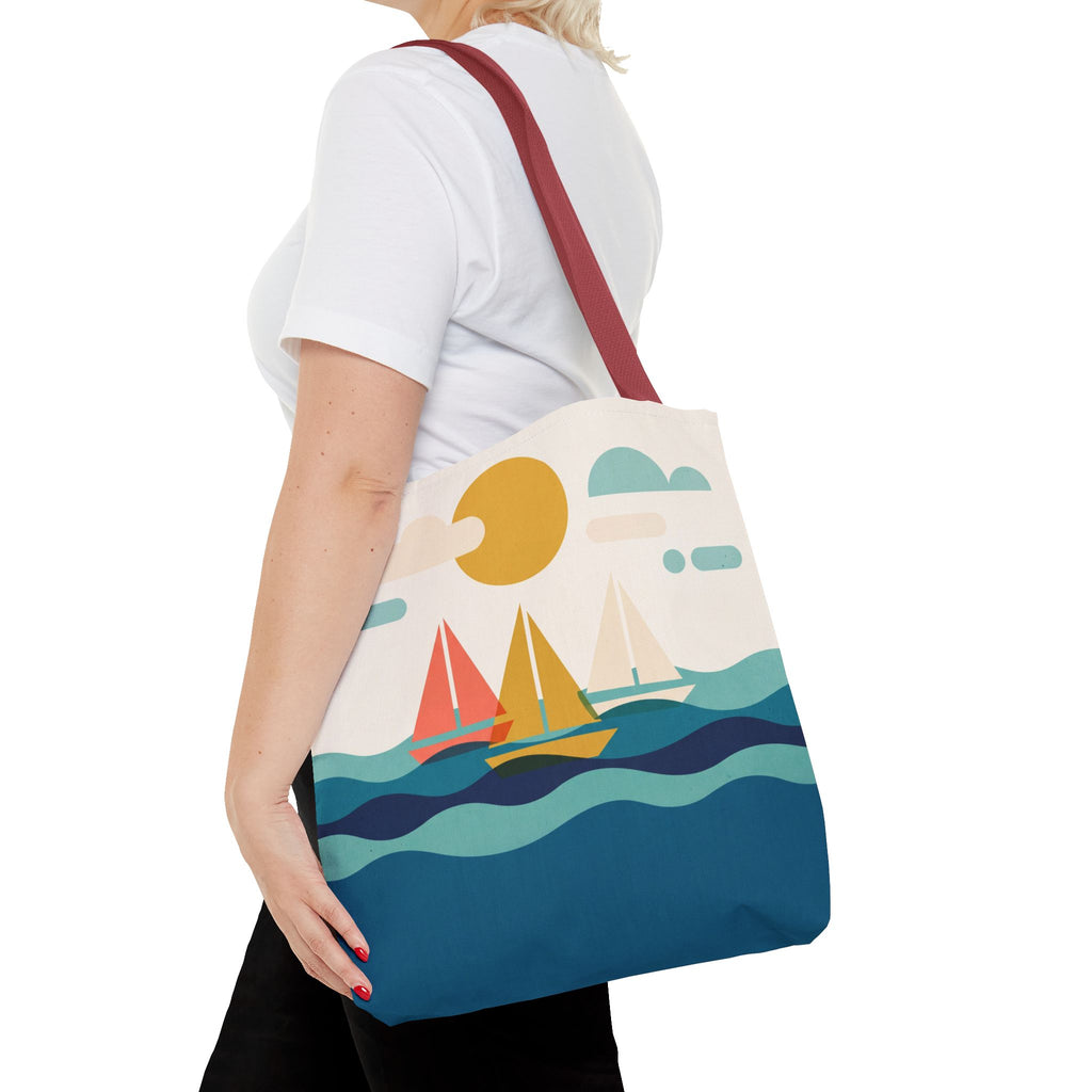 Minimalist Sailboat Tote Bag – Mid-Century Modern Ocean Waves Beach Bag