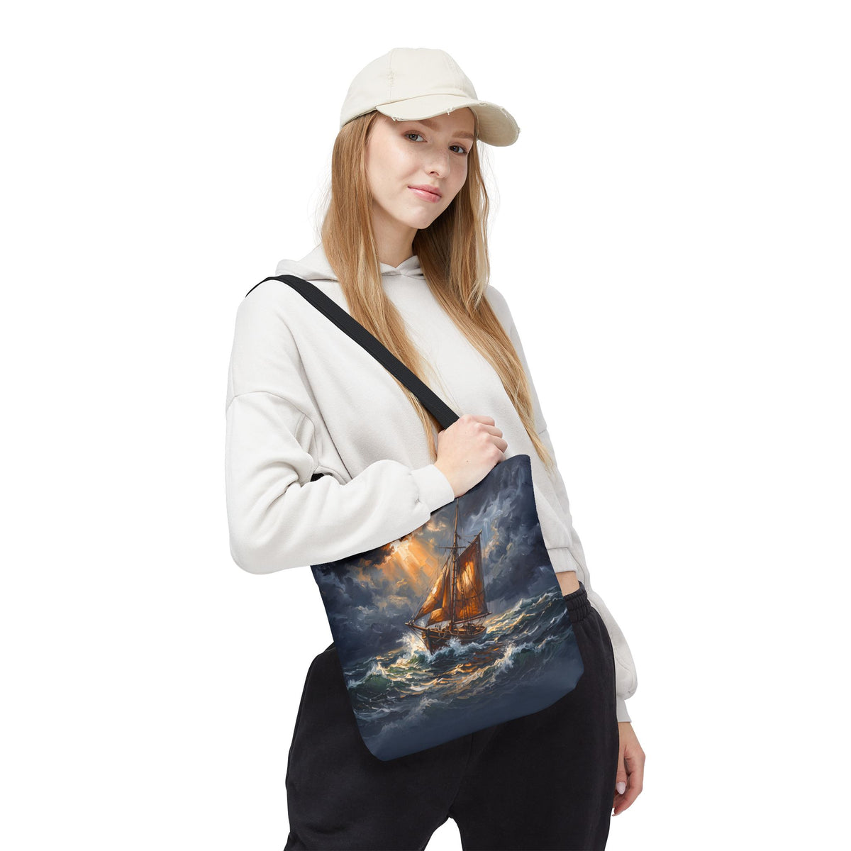 Stormy Sea Sailing Ship Tote Bag – Dramatic Ocean Oil Painting Style Beach Bag