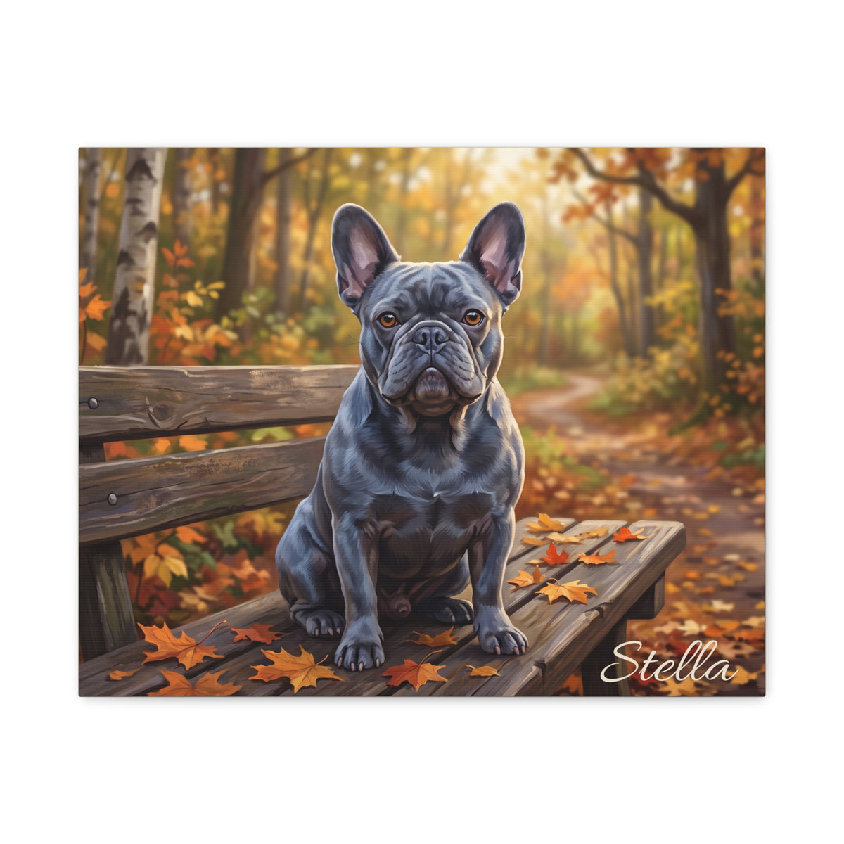 French Bulldog Personalized Canvas | Blue Frenchie Autumn Woodland Bench Wall Art