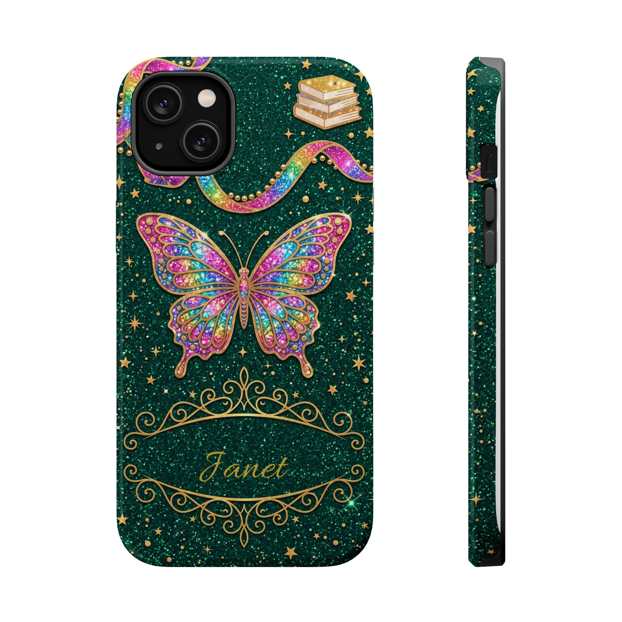 Rainbow Glitter Butterfly Personalized Teacher Phone Case — Wireless Charging Cover