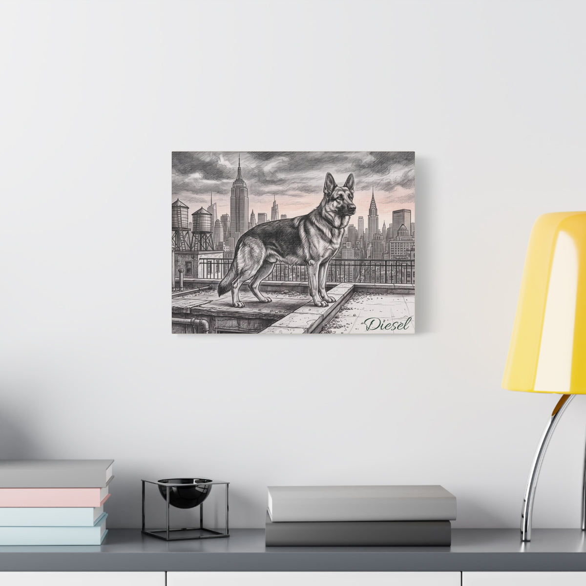 German Shepherd Personalized Canvas | New York City Skyline Sketch Wall Art