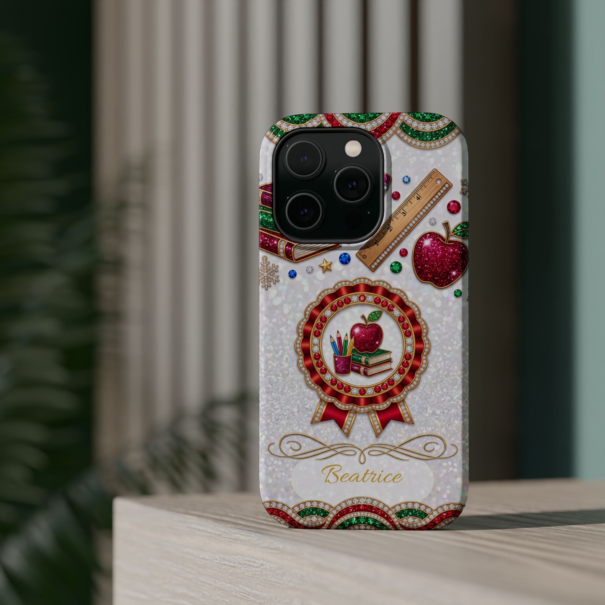 Jeweled Apple Medallion Personalized Teacher Phone Case — Wireless Charging Cover