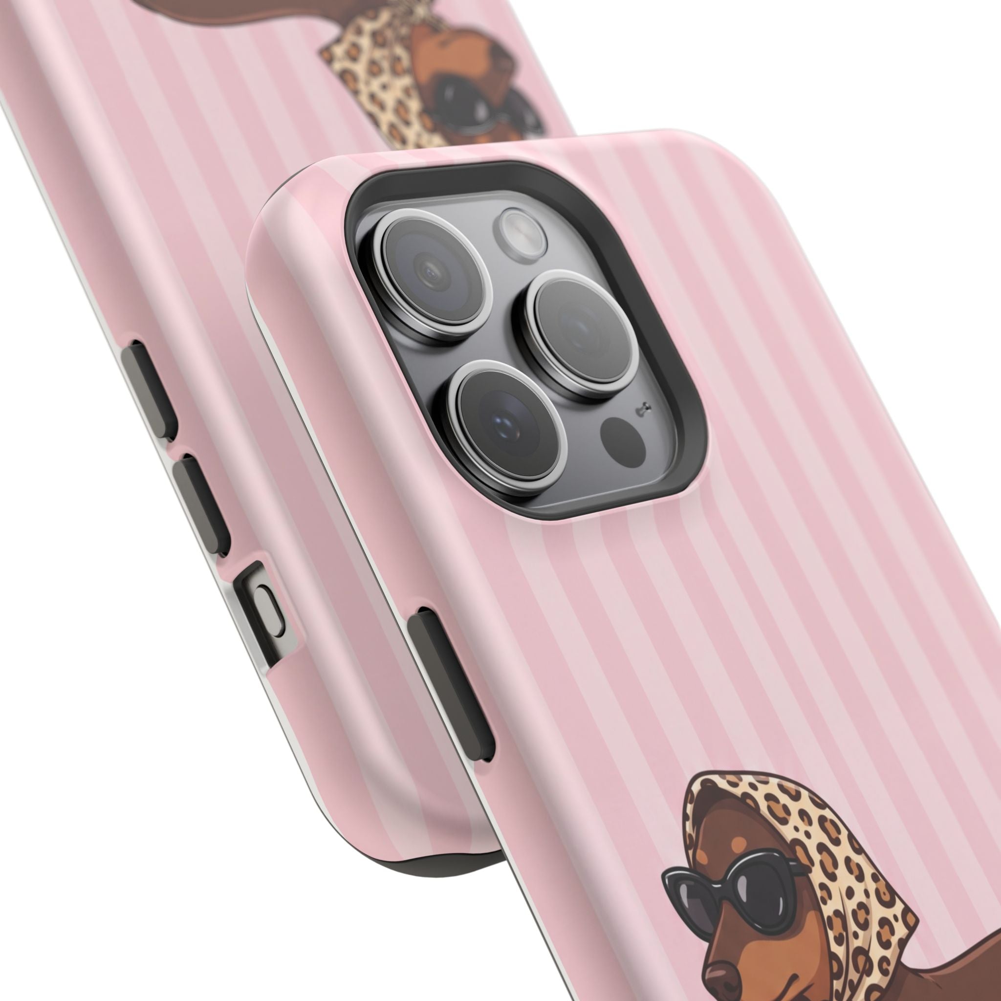 Glam Dachshund Phone Case | Cute Sausage Dog in Leopard Scarf & Sunglasses | Pink Stripe Case for iPhone & Samsung
