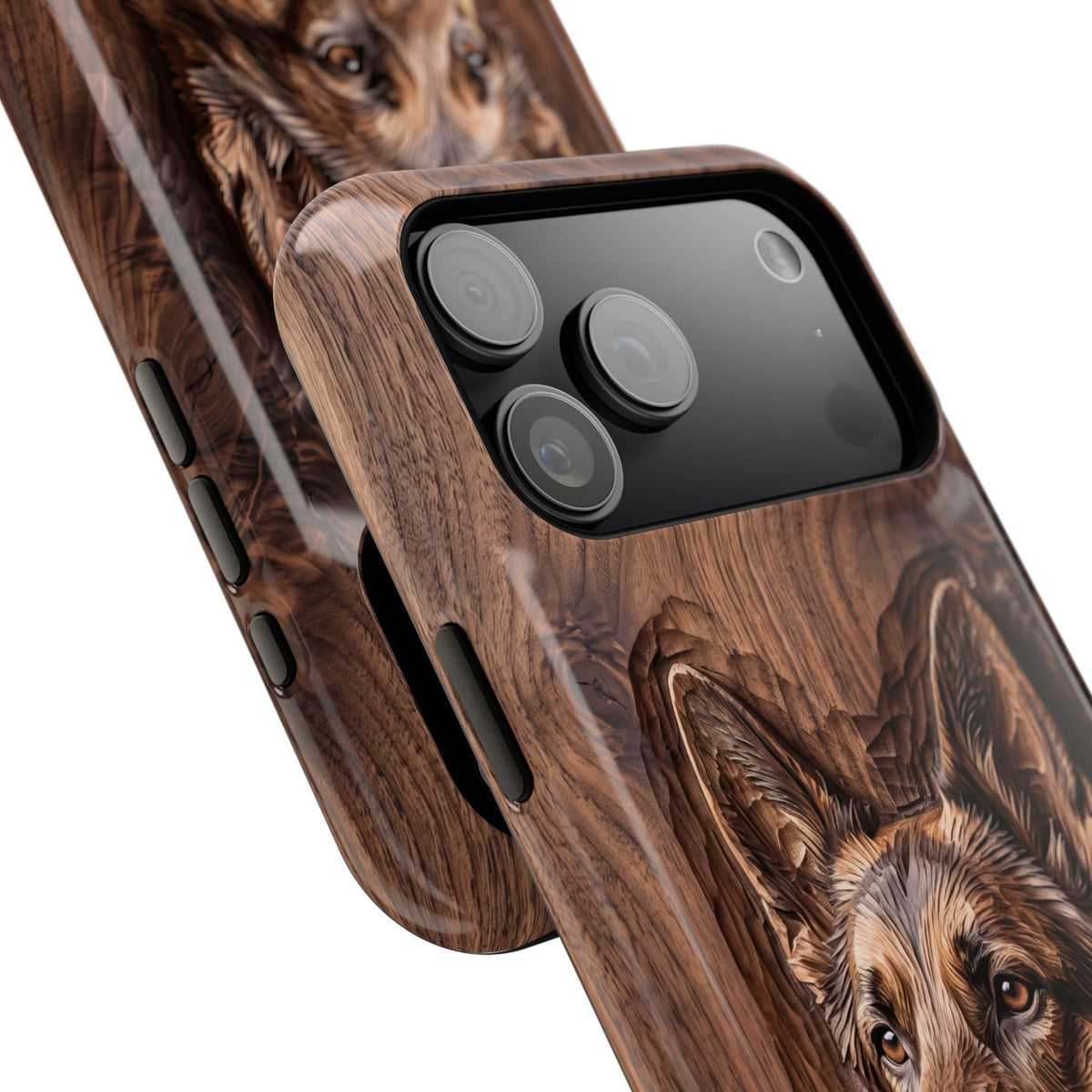 German Shepherd Phone Case | Carved Walnut Art — Tough Magnetic Case with Wireless Charging