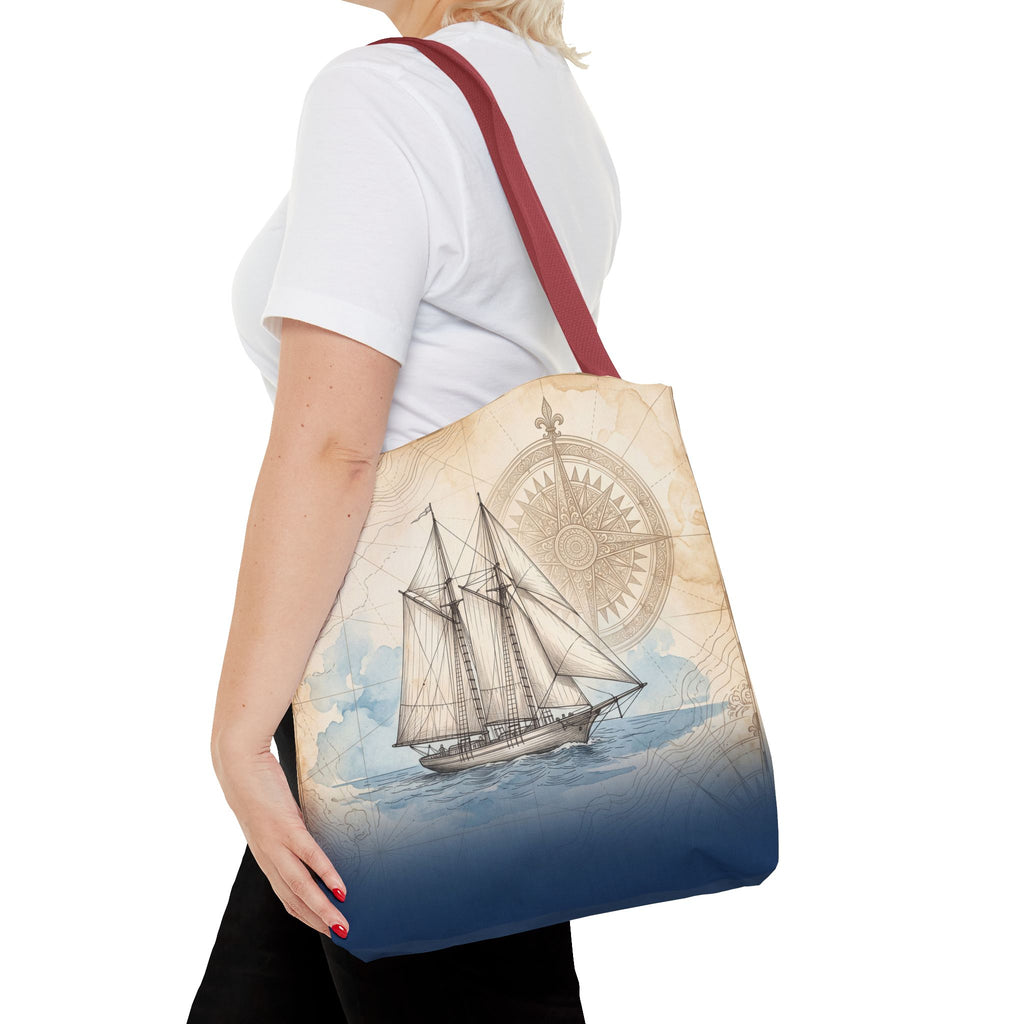 Vintage Schooner Tote Bag – Antique Nautical Map Compass Beach Bag