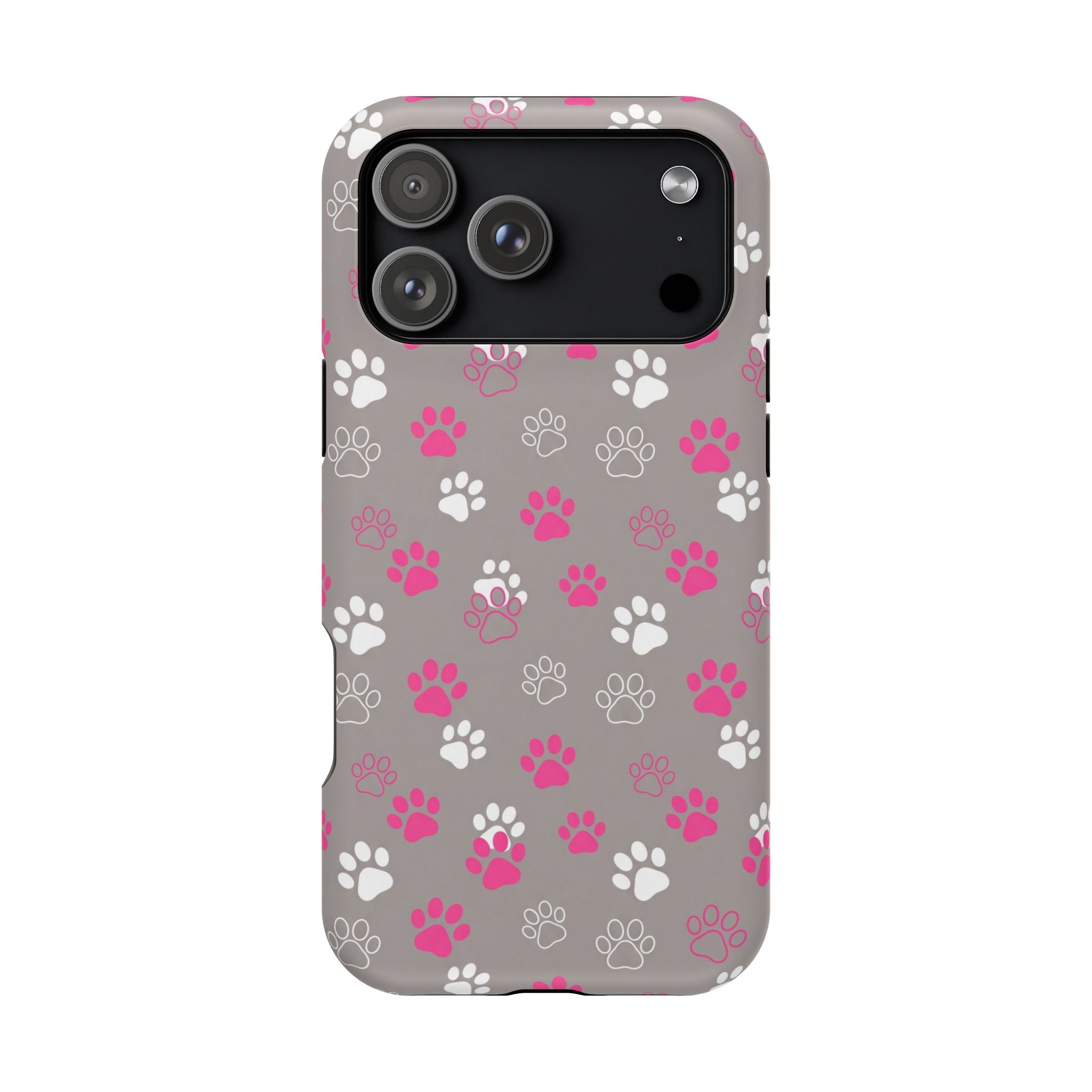 Pink & White Paw Print Phone Case — Impact-Resistant Wireless Charging Cover