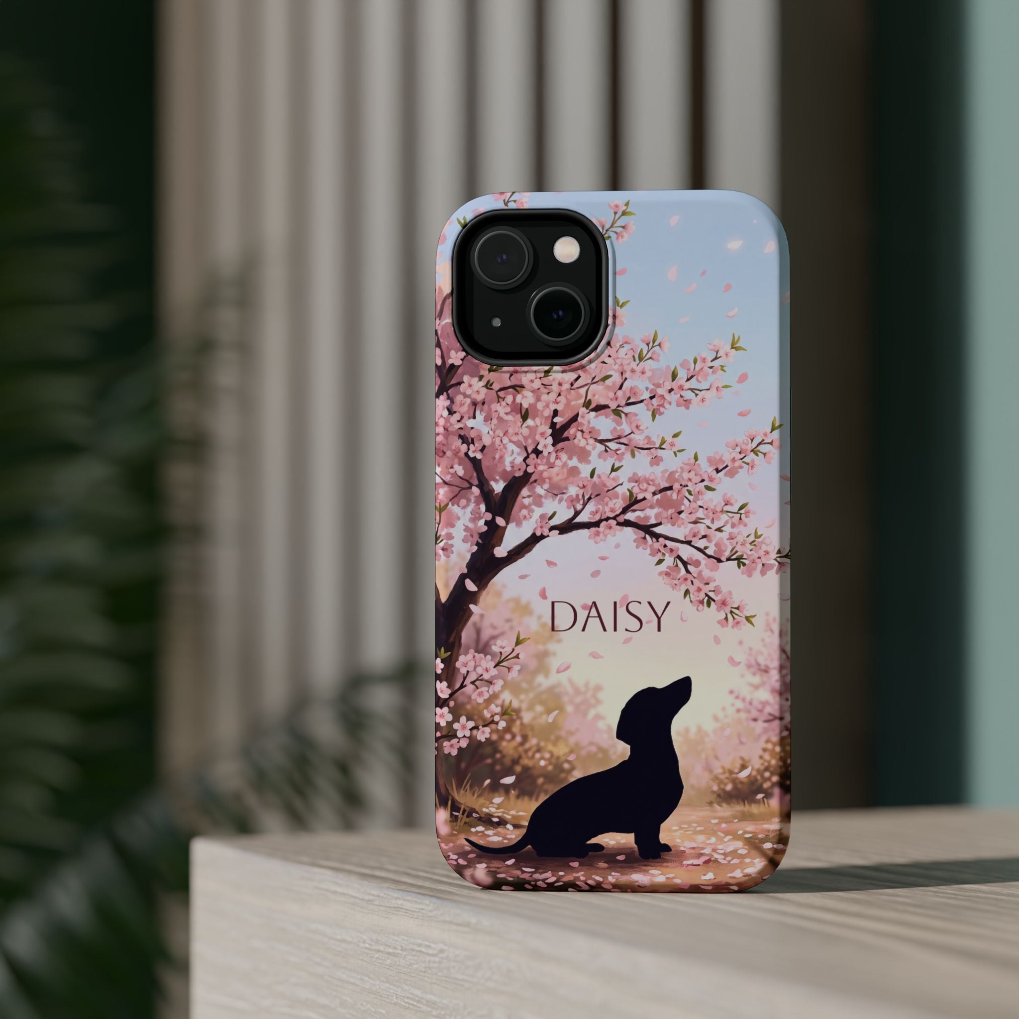 Personalized Dachshund Cherry Blossom Phone Case — Wireless Charging Cover