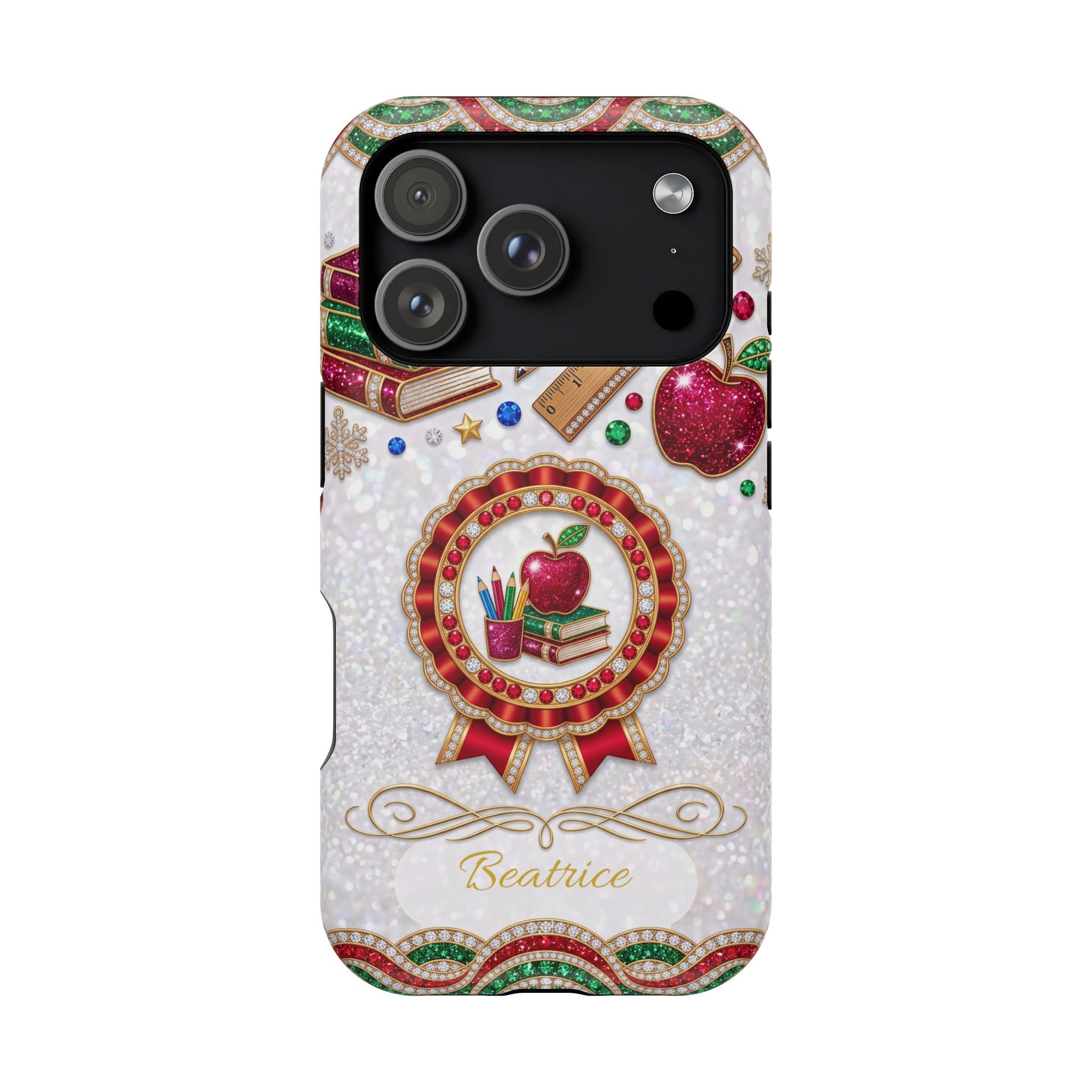 Jeweled Apple Medallion Personalized Teacher Phone Case — Wireless Charging Cover