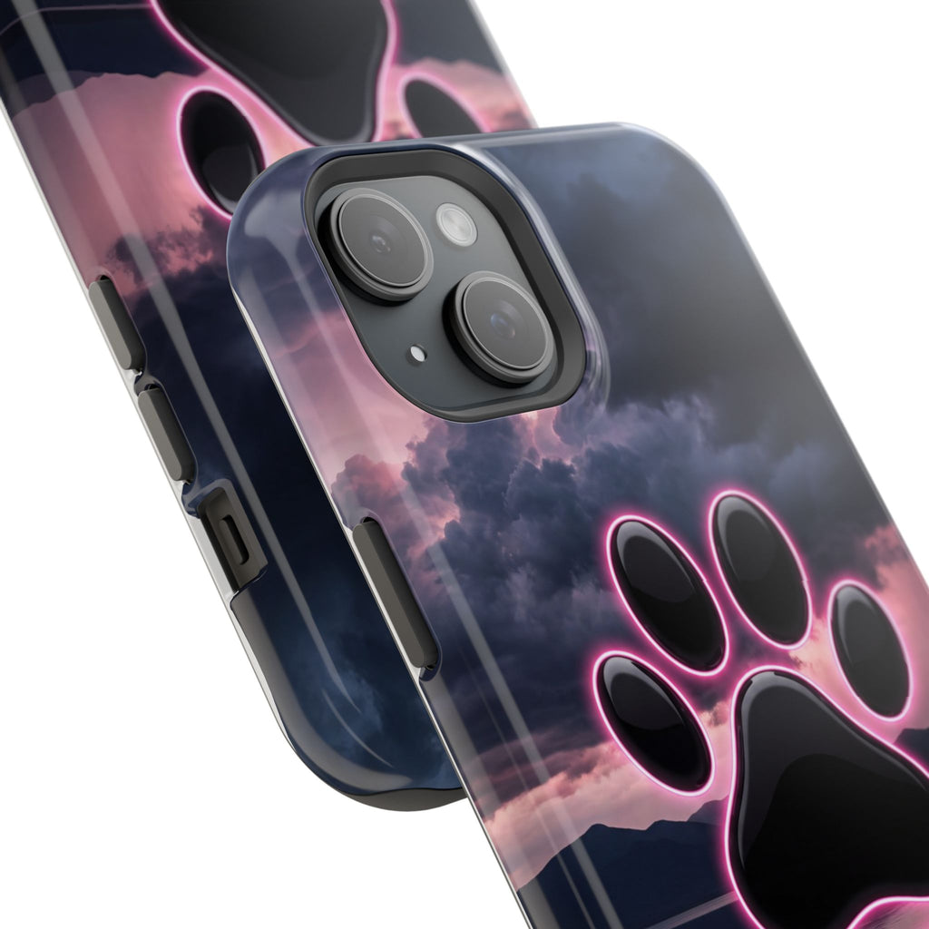 Neon Paw Print Phone Case — Impact-Resistant Wireless Charging Cover