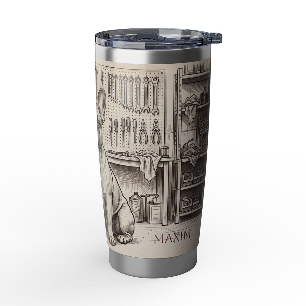 Garage Frenchie Stainless Tumbler — 20 oz Personalized Travel Mug with Workshop Design