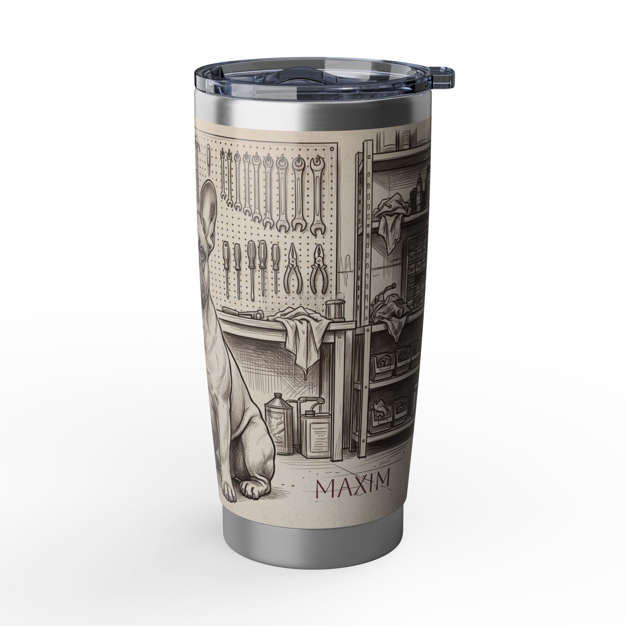 Garage Frenchie Stainless Tumbler — 20 oz Personalized Travel Mug with Workshop Design