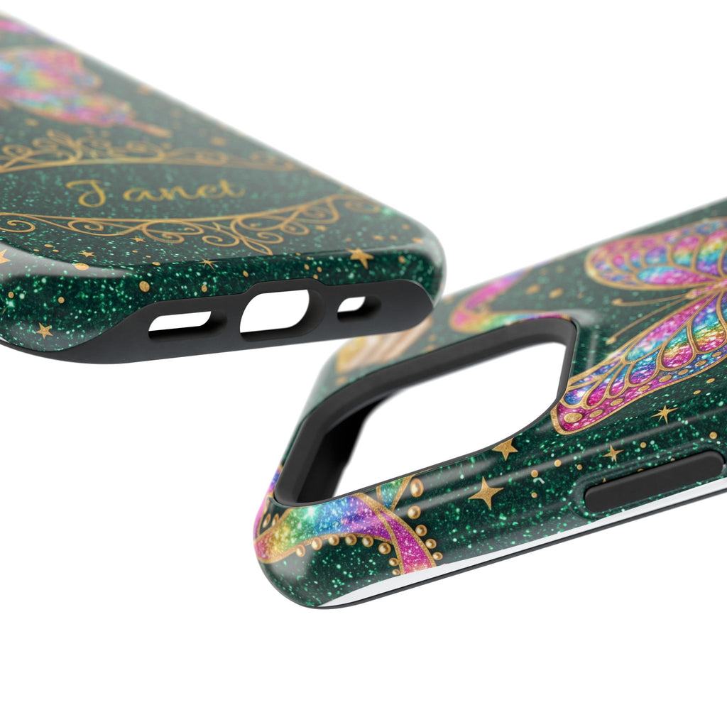 Rainbow Glitter Butterfly Personalized Teacher Phone Case — Wireless Charging Cover