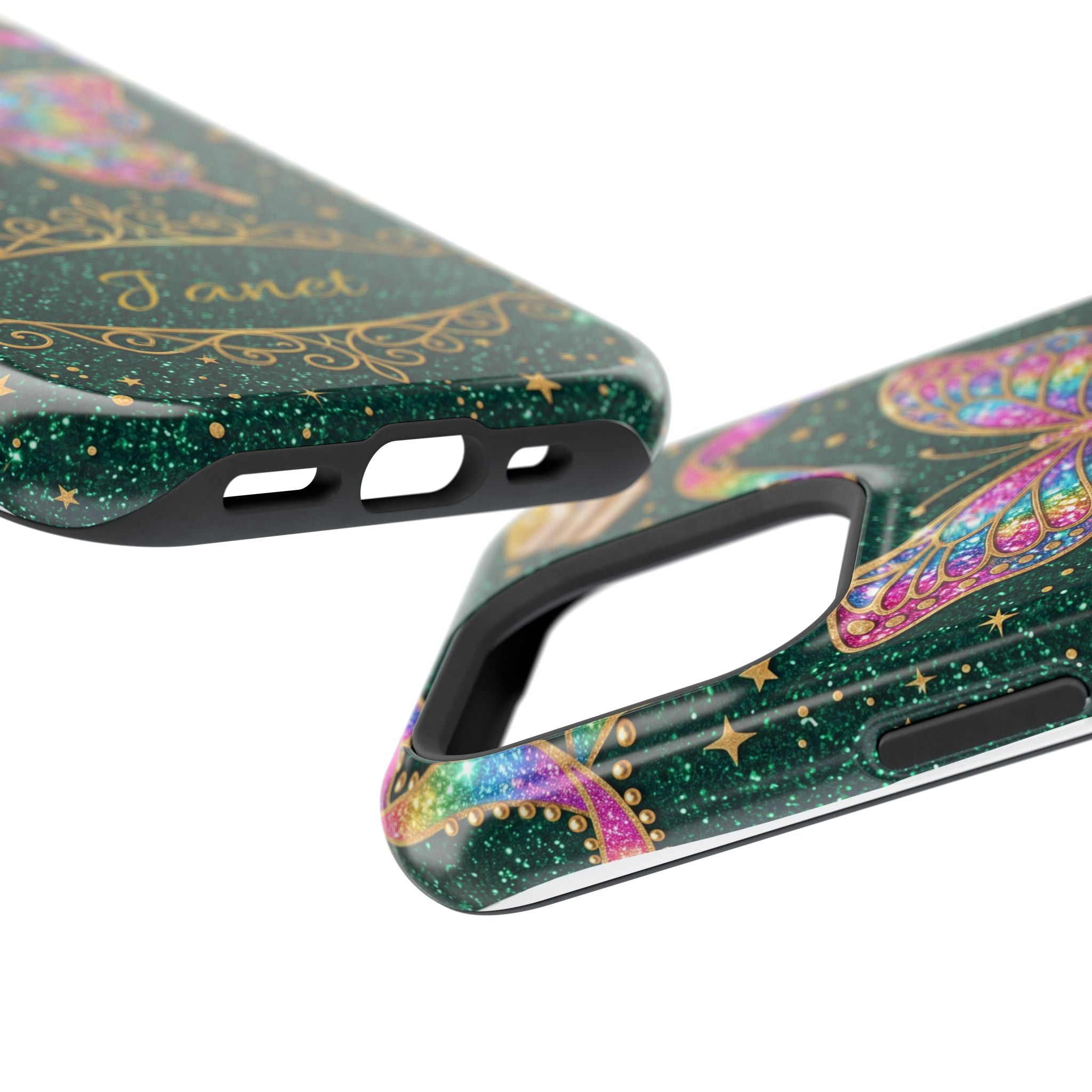 Rainbow Glitter Butterfly Personalized Teacher Phone Case — Wireless Charging Cover