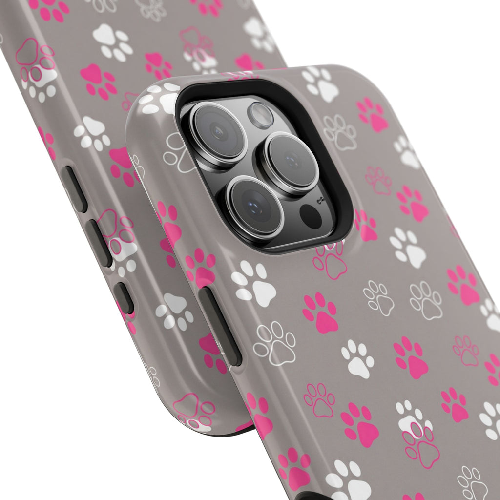 Pink & White Paw Print Phone Case — Impact-Resistant Wireless Charging Cover