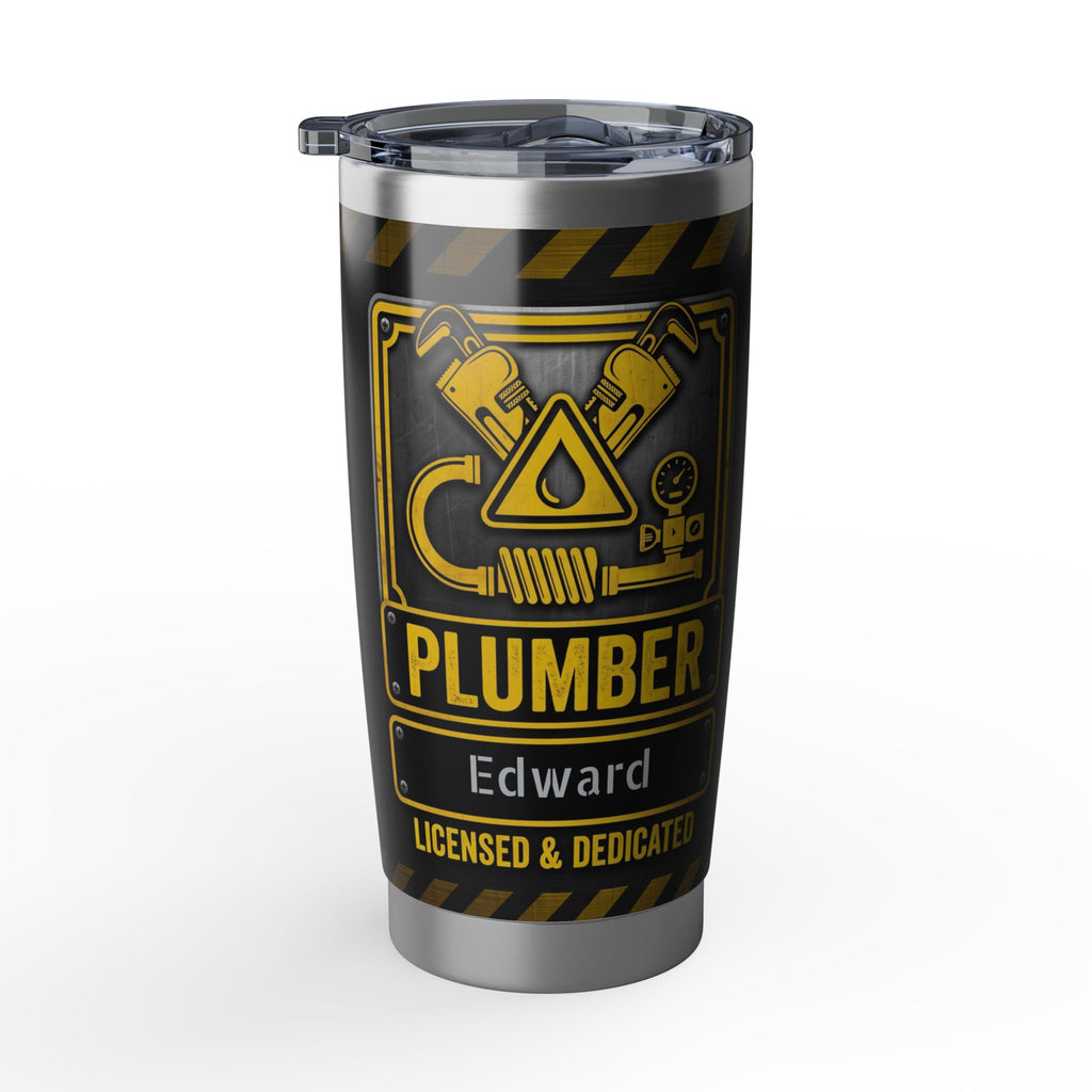Personalized Plumber Tumbler – Industrial Black & Yellow Badge Design 20 oz