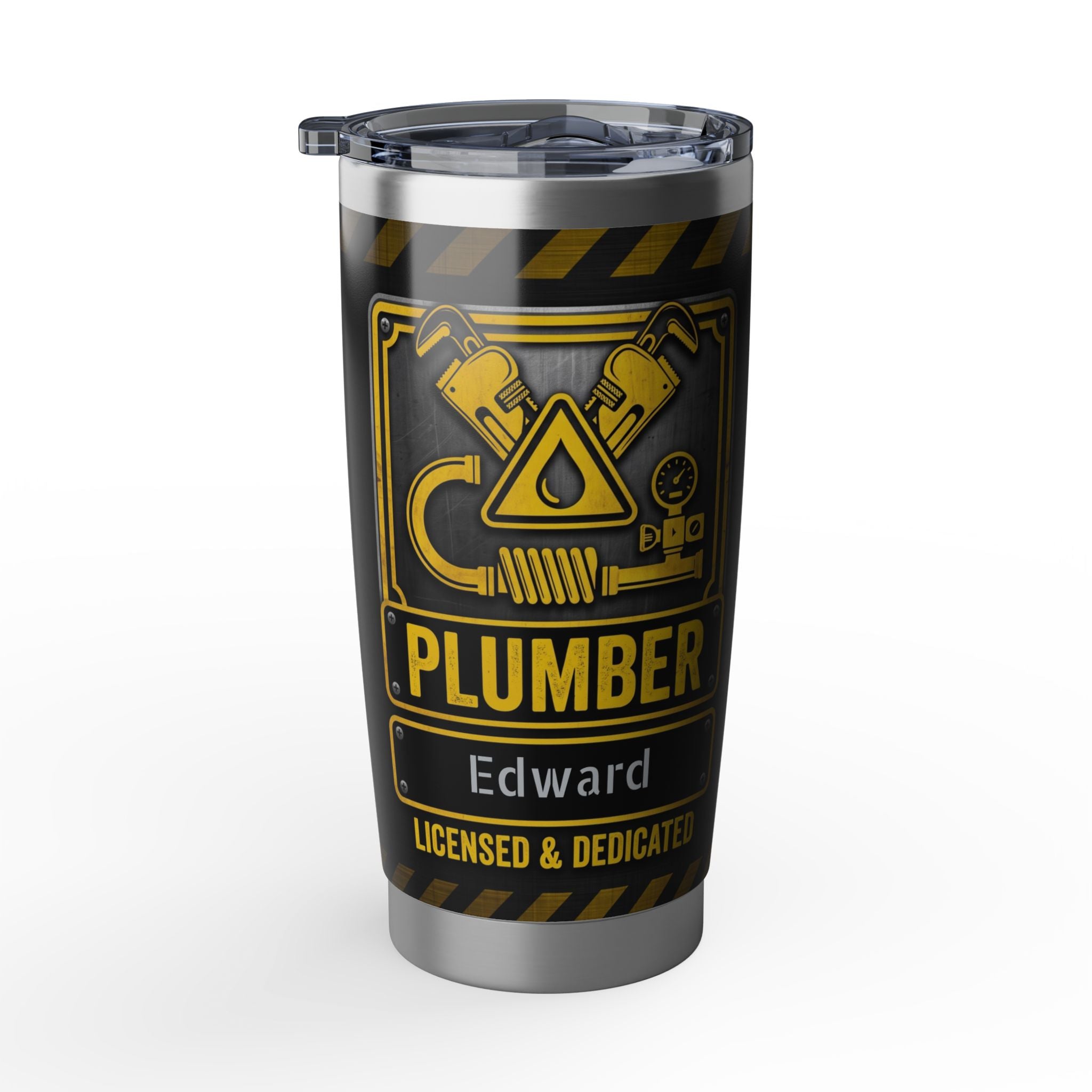 Personalized Plumber Tumbler – Industrial Black & Yellow Badge Design 20 oz