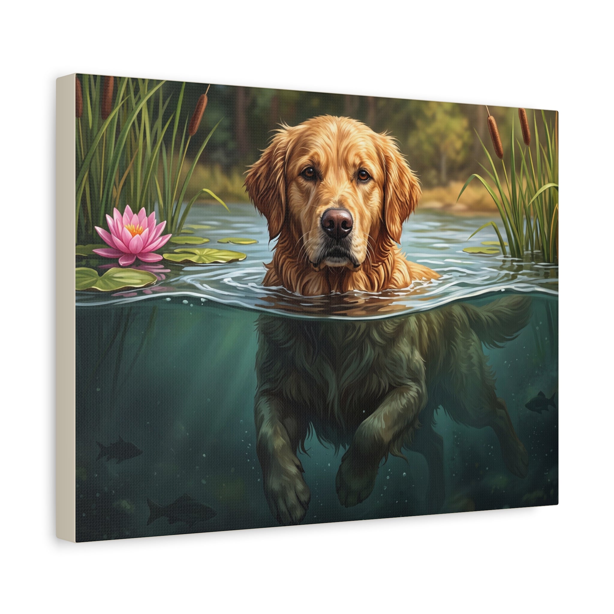 Golden Retriever Swimming Matte Canvas Wall Art — Dog Portrait Stretched Print