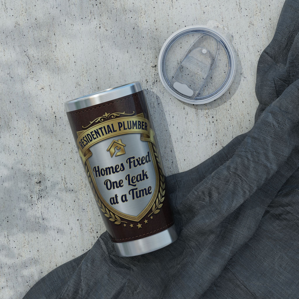 Residential Plumber Tumbler – "Homes Fixed, One Leak At A Time" Leather Crest 20 oz