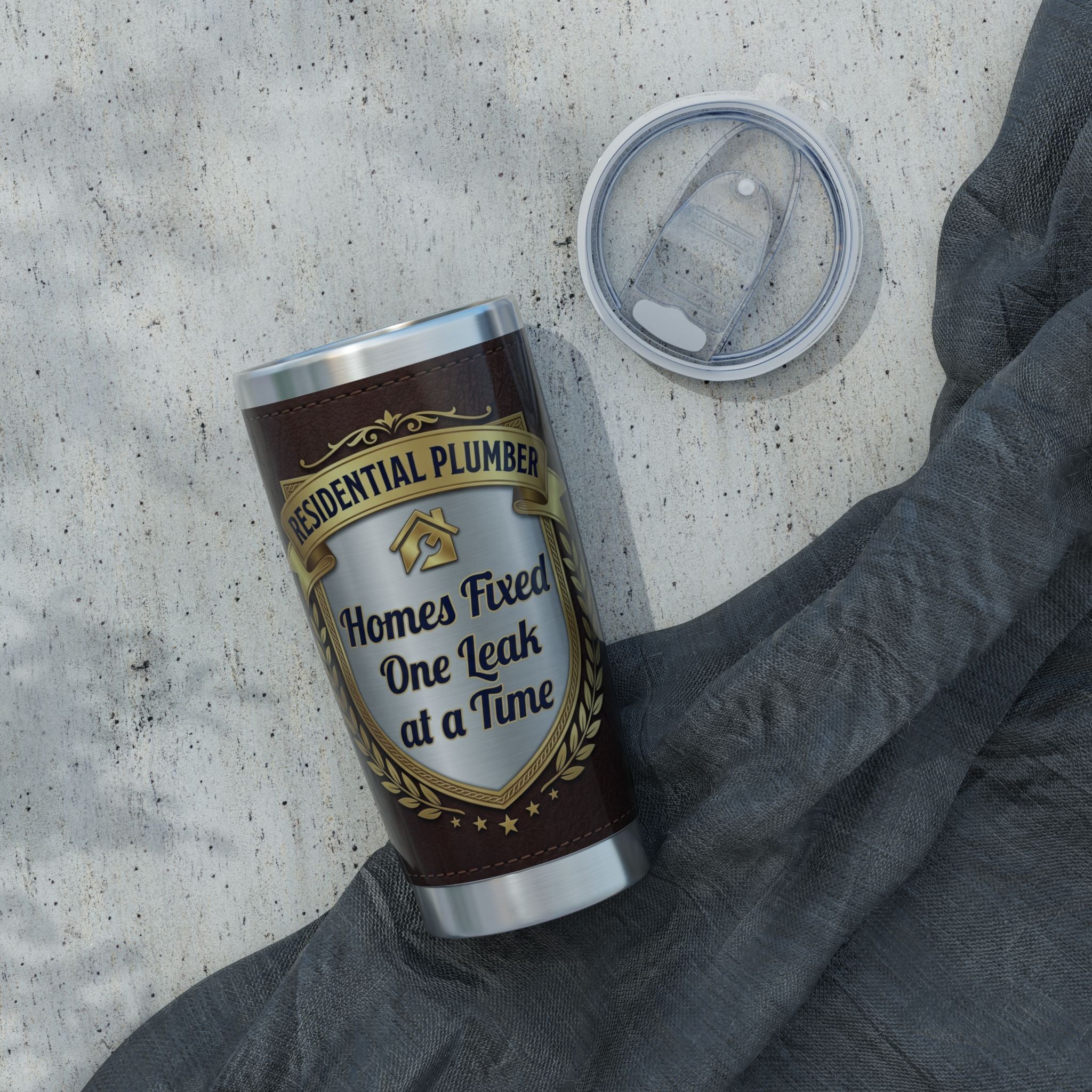 Residential Plumber Tumbler – "Homes Fixed, One Leak At A Time" Leather Crest 20 oz