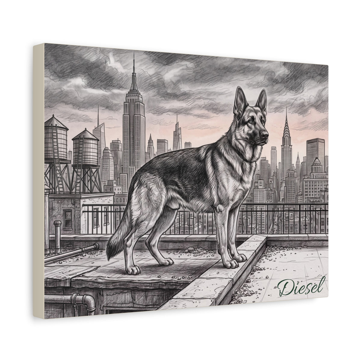 German Shepherd Personalized Canvas | New York City Skyline Sketch Wall Art
