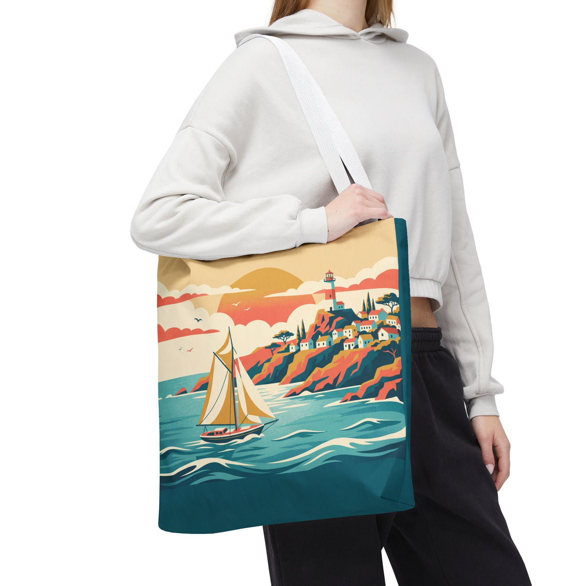 Coastal Lighthouse Sailboat Tote Bag – Retro Seaside Sunset Beach Bag