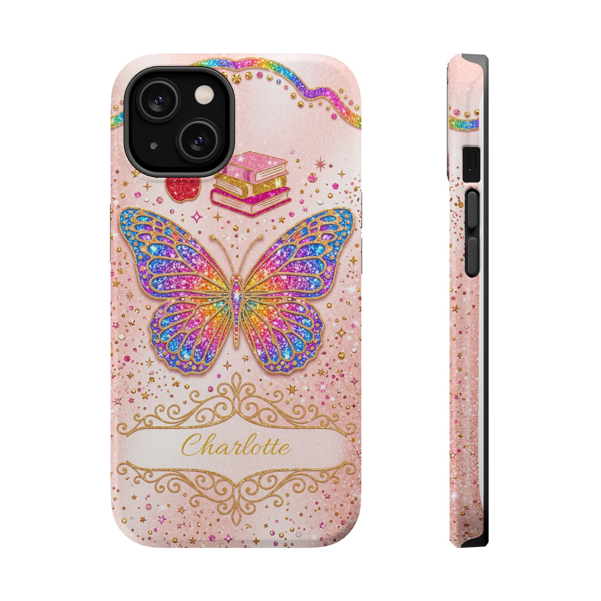 Blush Glitter Butterfly Personalized Teacher Phone Case — Wireless Charging Cover