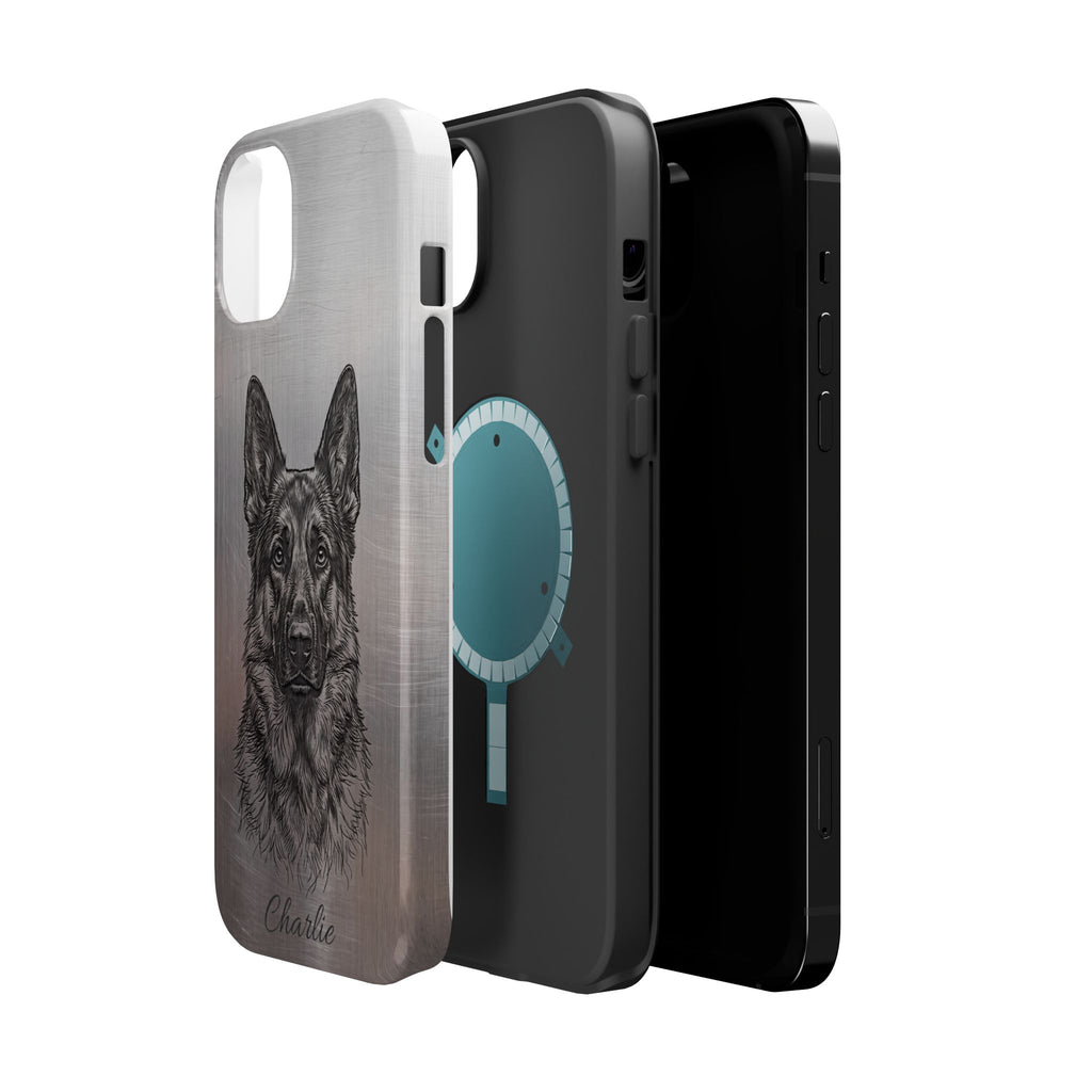 German Shepherd Phone Case | Personalized Etched Silver Art — Tough Magnetic Case with Wireless Charging
