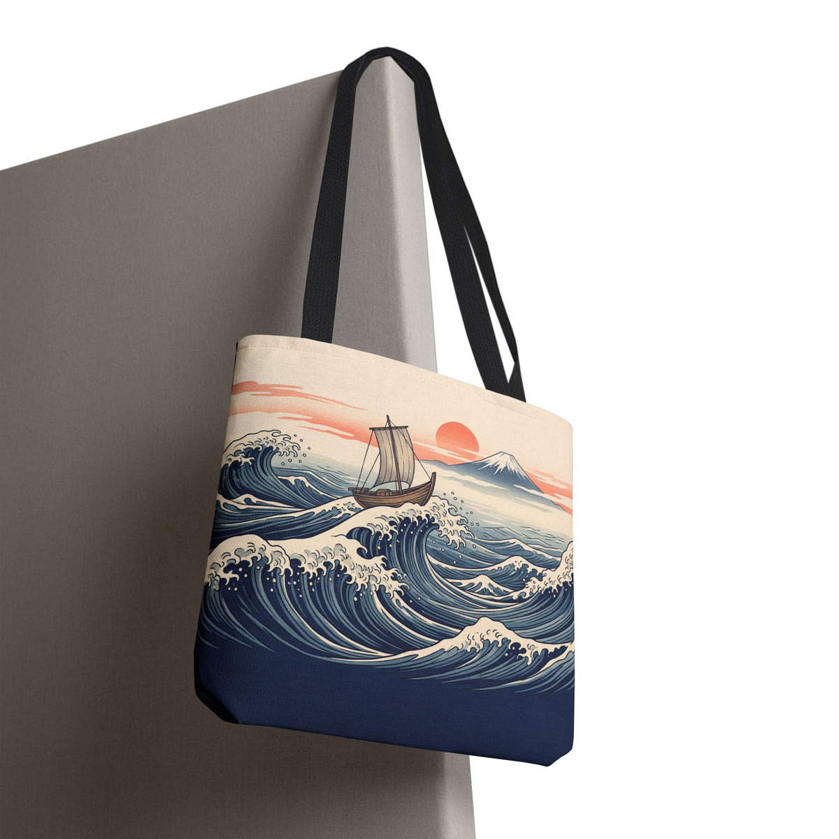 Japanese Wave Sailboat Tote Bag – Woodblock Style Ocean Beach Bag