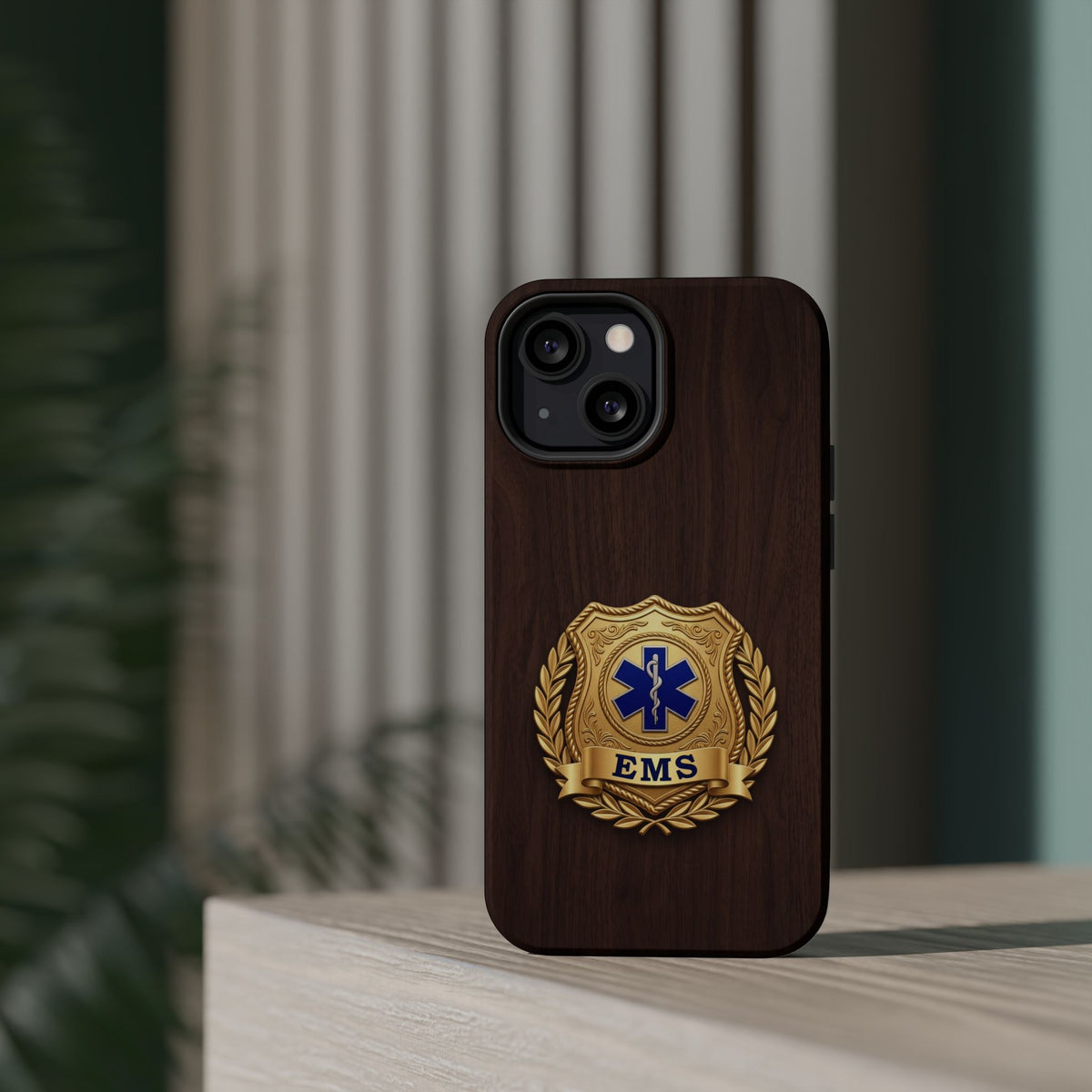 Gold EMS Laurel Badge Wood Phone Case — Magnetic Wireless Charging Cover