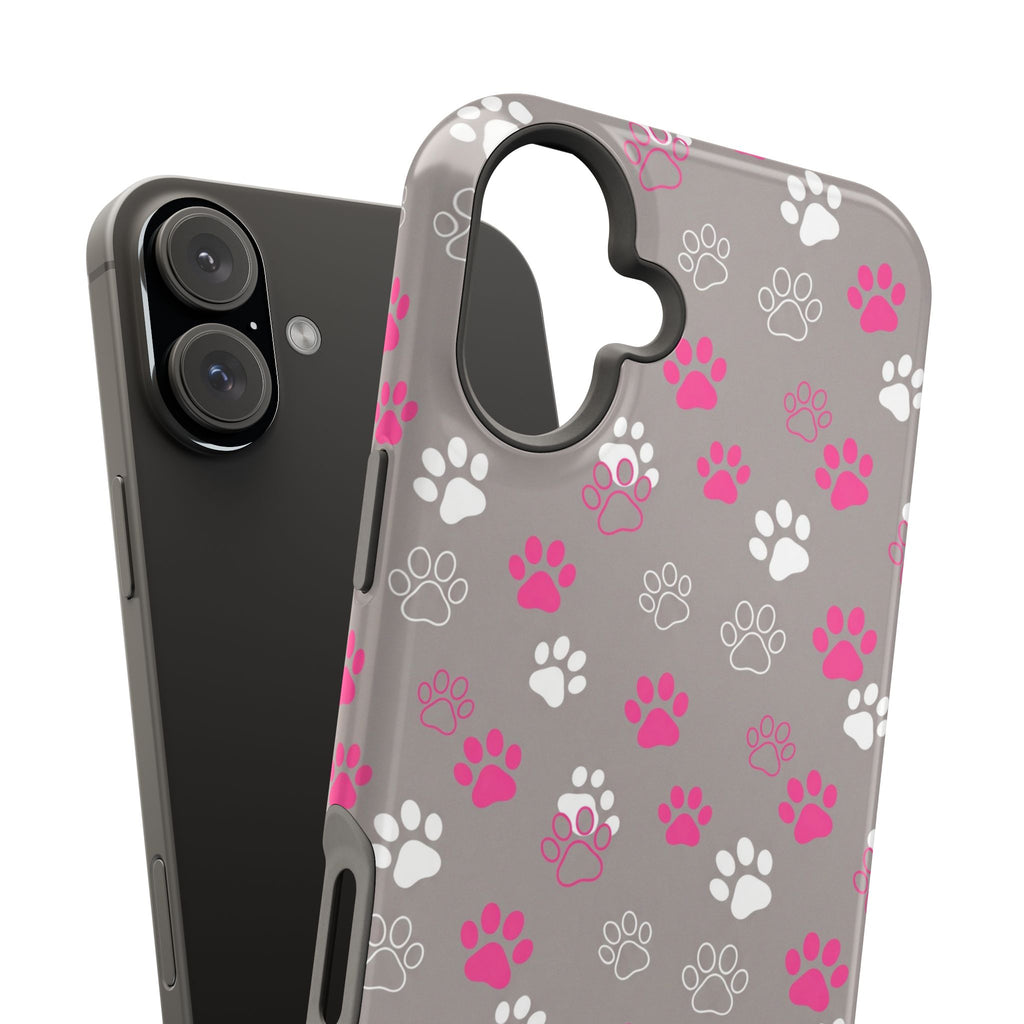 Pink & White Paw Print Phone Case — Impact-Resistant Wireless Charging Cover