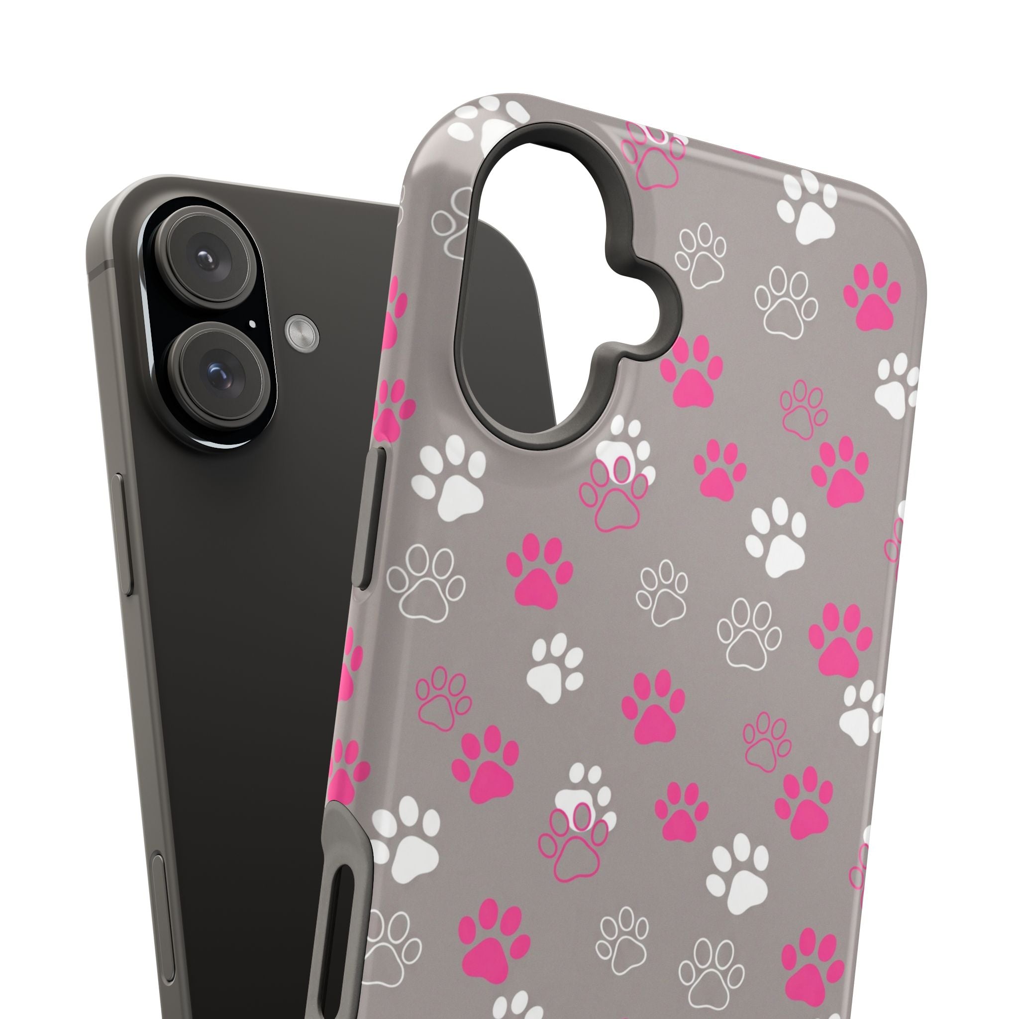 Pink & White Paw Print Phone Case — Impact-Resistant Wireless Charging Cover