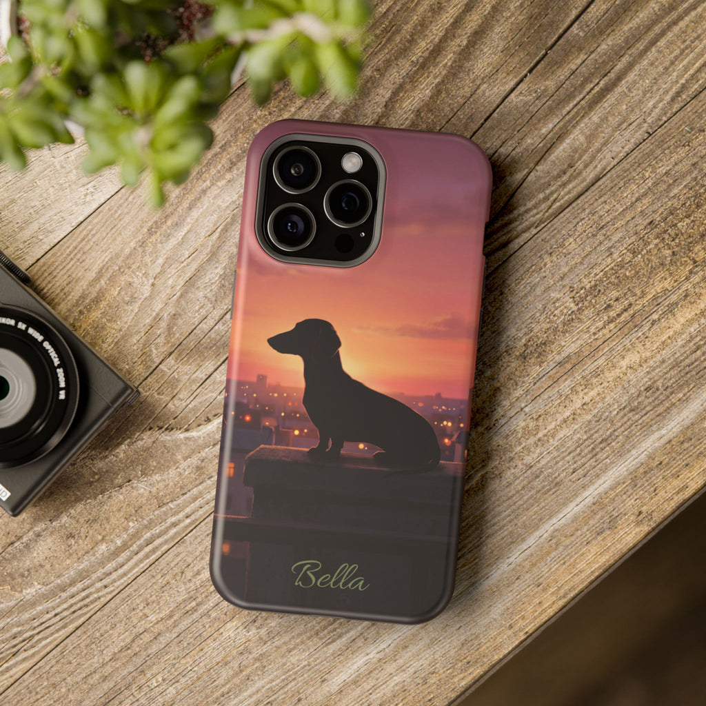 Personalized Dachshund Rooftop Sunset Phone Case — Wireless Charging Cover