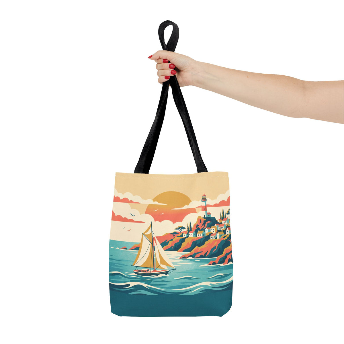 Coastal Lighthouse Sailboat Tote Bag – Retro Seaside Sunset Beach Bag