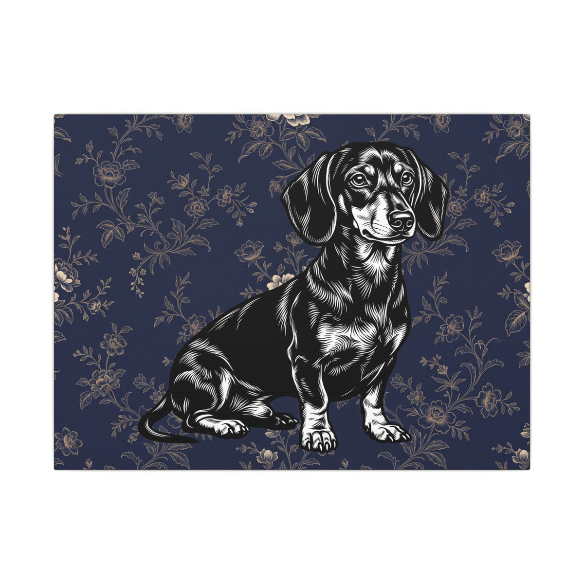 Dachshund Art Canvas – Vintage Floral Navy Matte Stretched Wall Decor