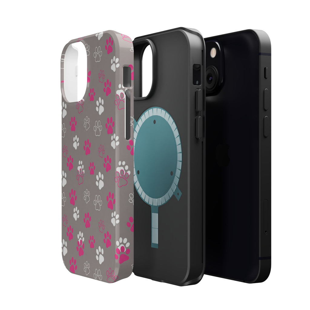 Pink & White Paw Print Phone Case — Impact-Resistant Wireless Charging Cover