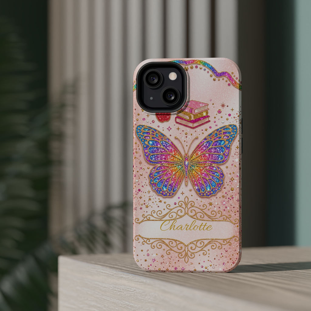 Blush Glitter Butterfly Personalized Teacher Phone Case — Wireless Charging Cover