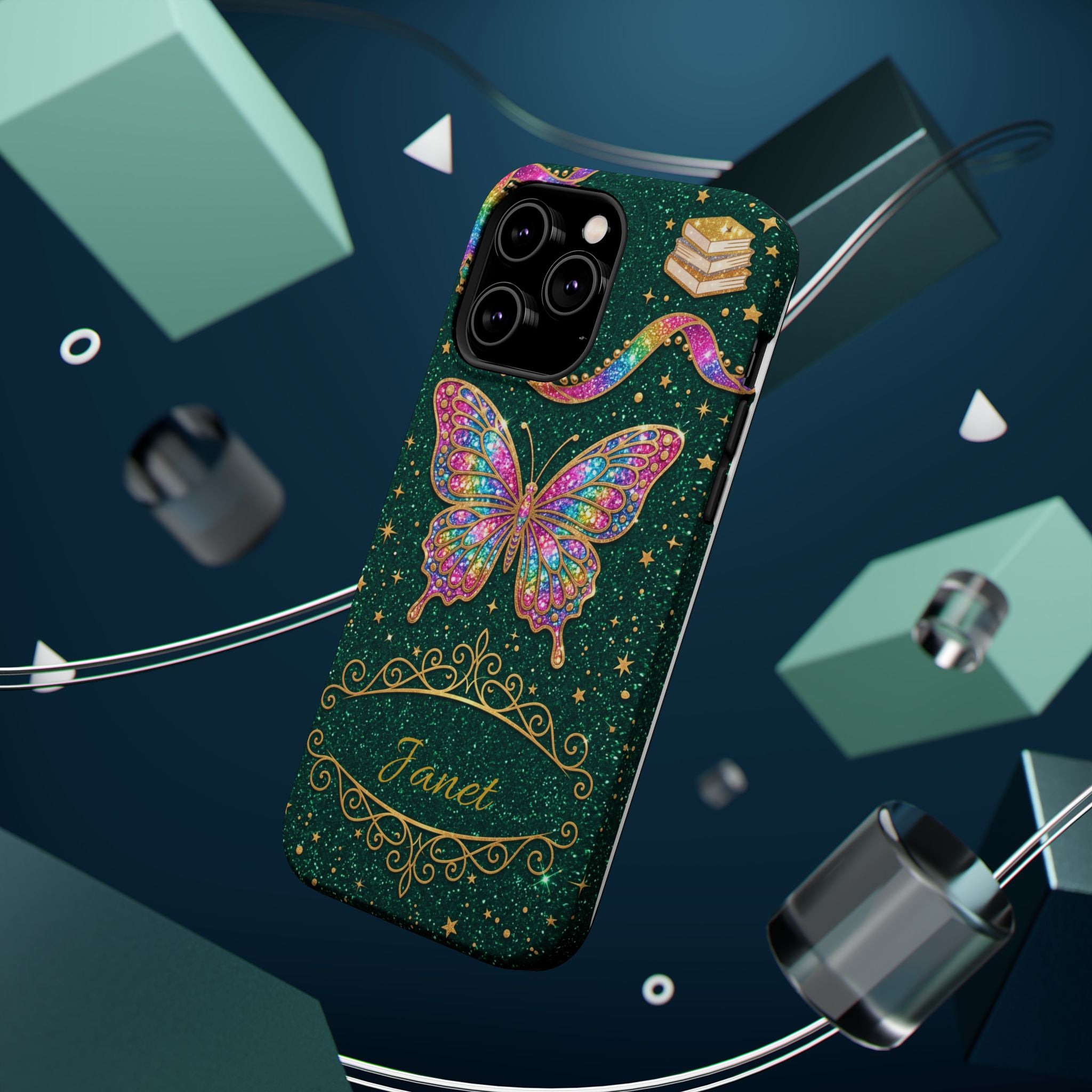 Rainbow Glitter Butterfly Personalized Teacher Phone Case — Wireless Charging Cover