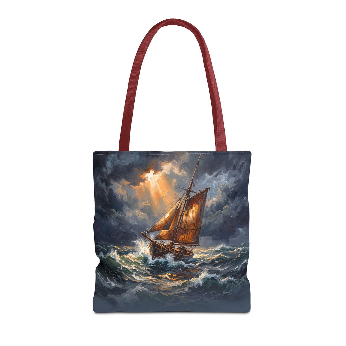 Stormy Sea Sailing Ship Tote Bag – Dramatic Ocean Oil Painting Style Beach Bag