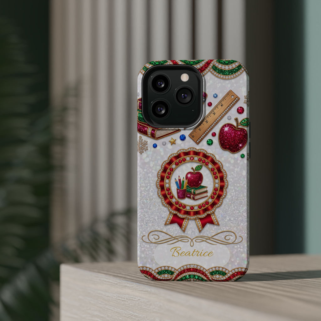 Jeweled Apple Medallion Personalized Teacher Phone Case — Wireless Charging Cover