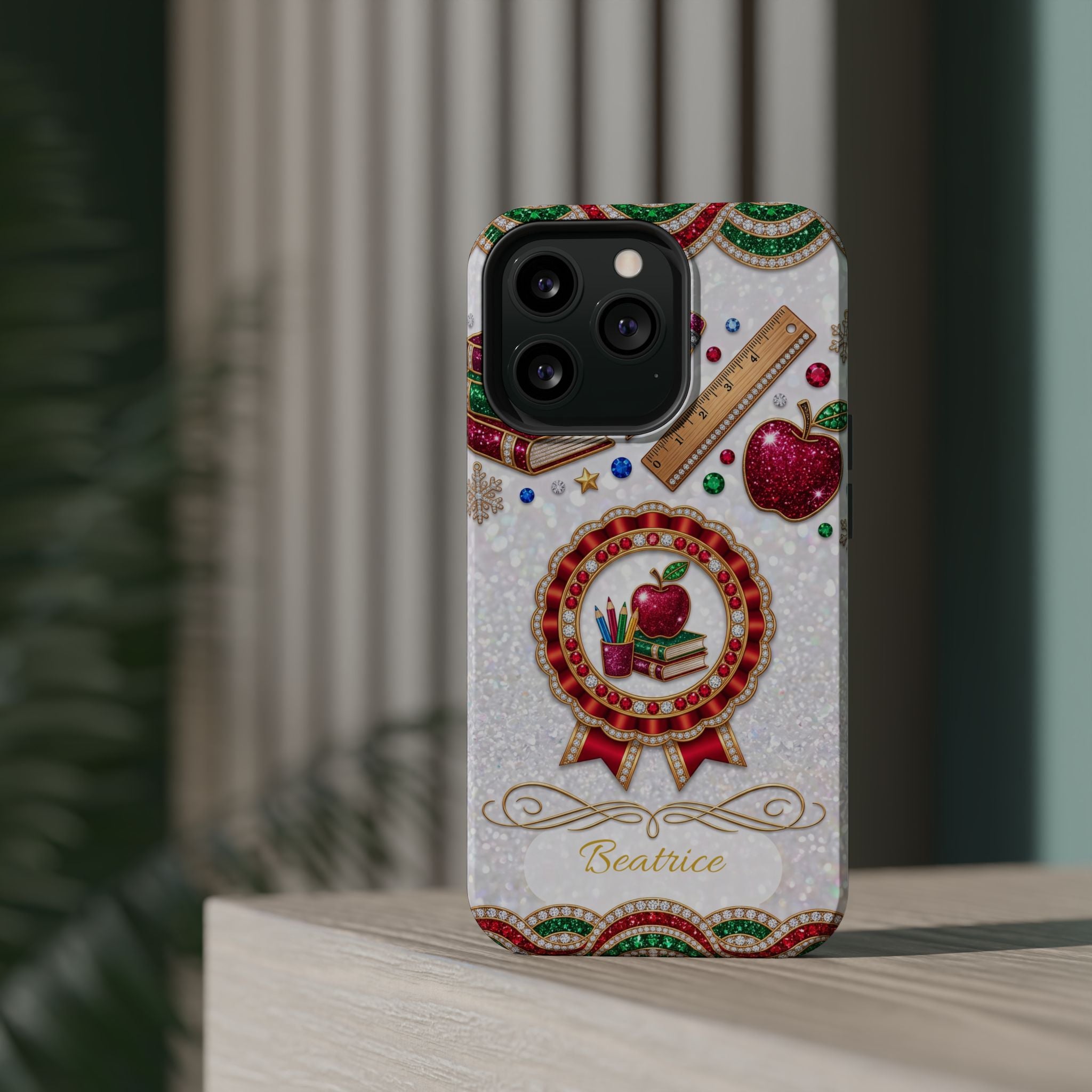 Jeweled Apple Medallion Personalized Teacher Phone Case — Wireless Charging Cover