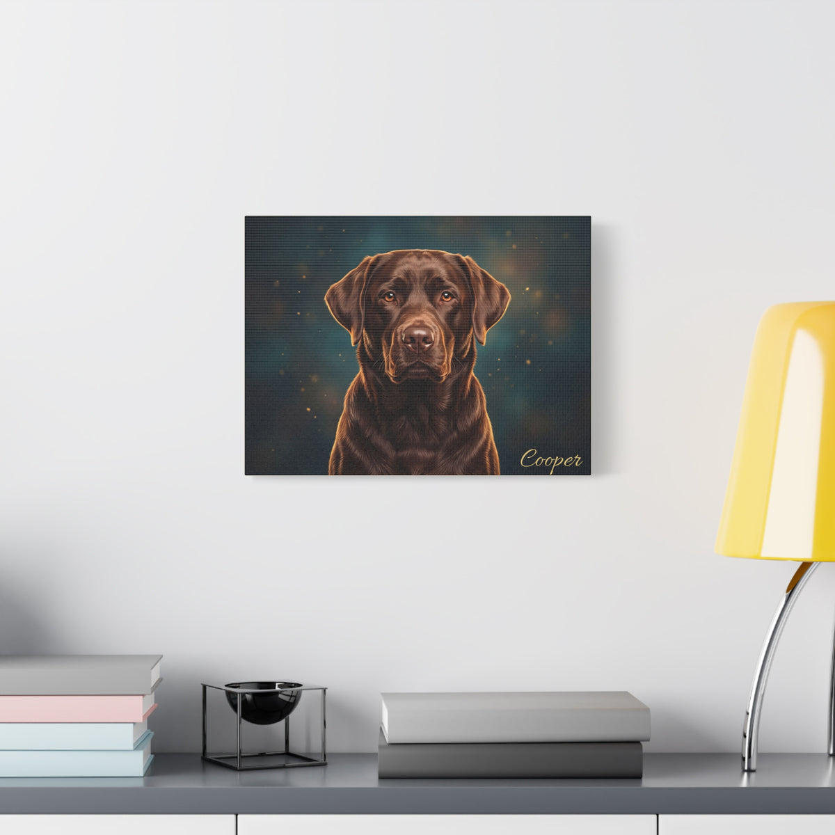 Chocolate Labrador Personalized Canvas | Golden Bokeh Wall Art