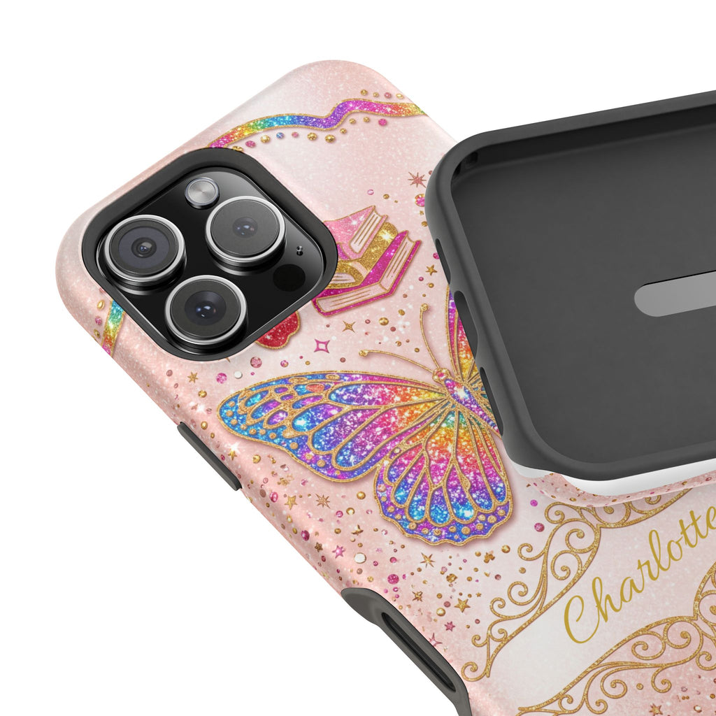 Blush Glitter Butterfly Personalized Teacher Phone Case — Wireless Charging Cover