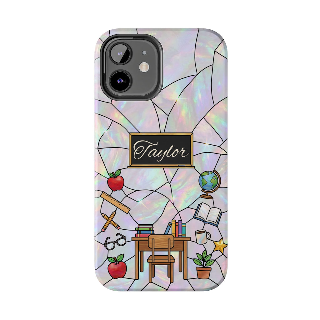 Personalized Teacher Phone Case — Custom Name Stained Glass Classroom Design