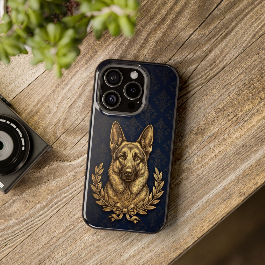 German Shepherd Phone Case | Navy Gold Laurel Art — Tough Magnetic Case with Wireless Charging