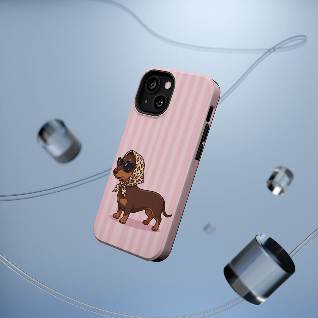 Glam Dachshund Phone Case | Cute Sausage Dog in Leopard Scarf & Sunglasses | Pink Stripe Case for iPhone & Samsung