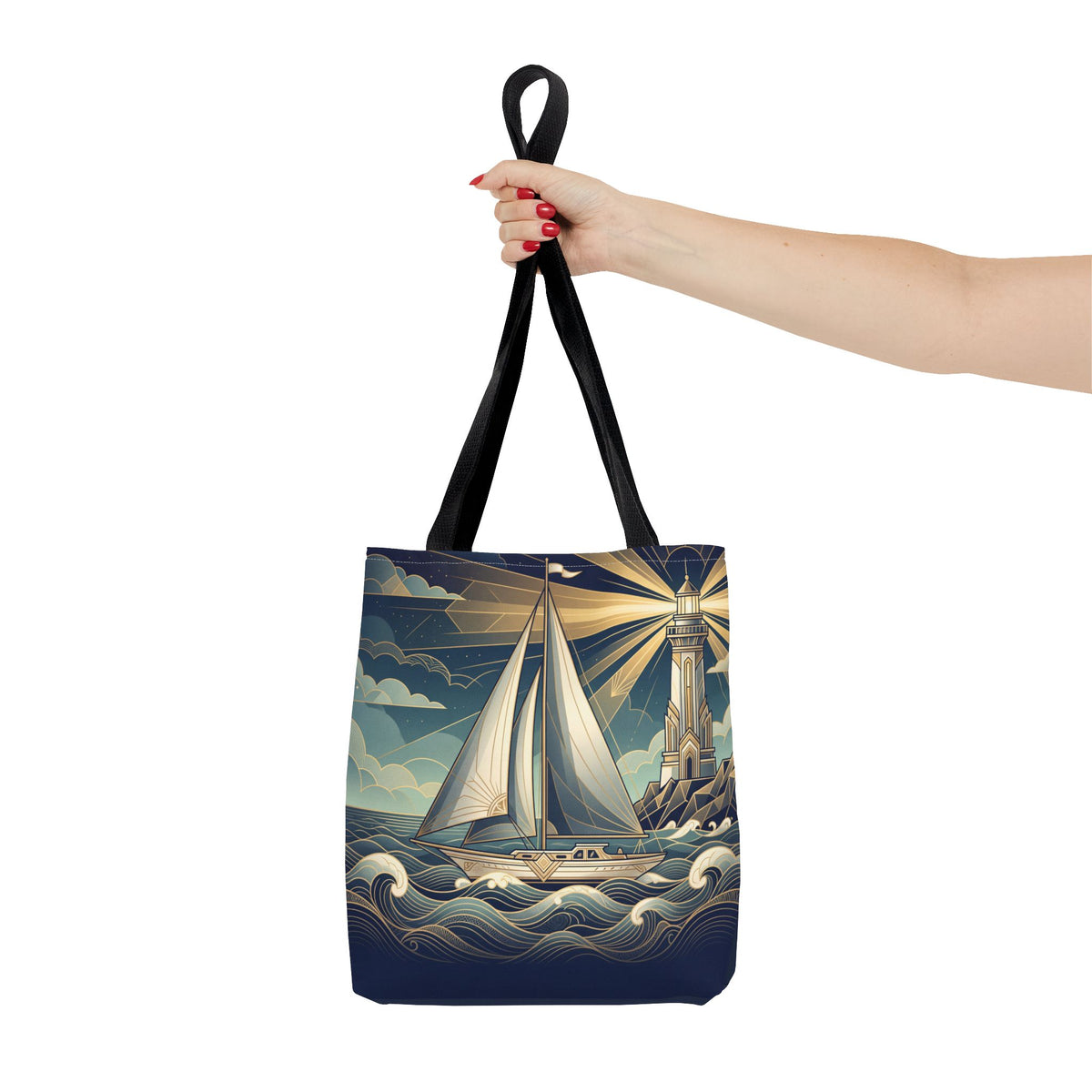 Lighthouse Sailboat Tote Bag – Nautical Art Deco Ocean Waves Beach Bag