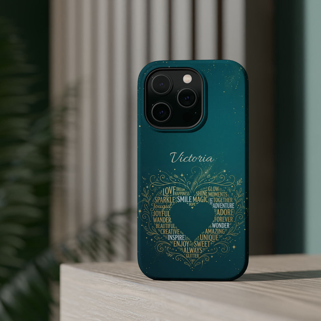 Personalized Teacher Heart Word Art Phone Case — Impact-Resistant Wireless Charging Cover
