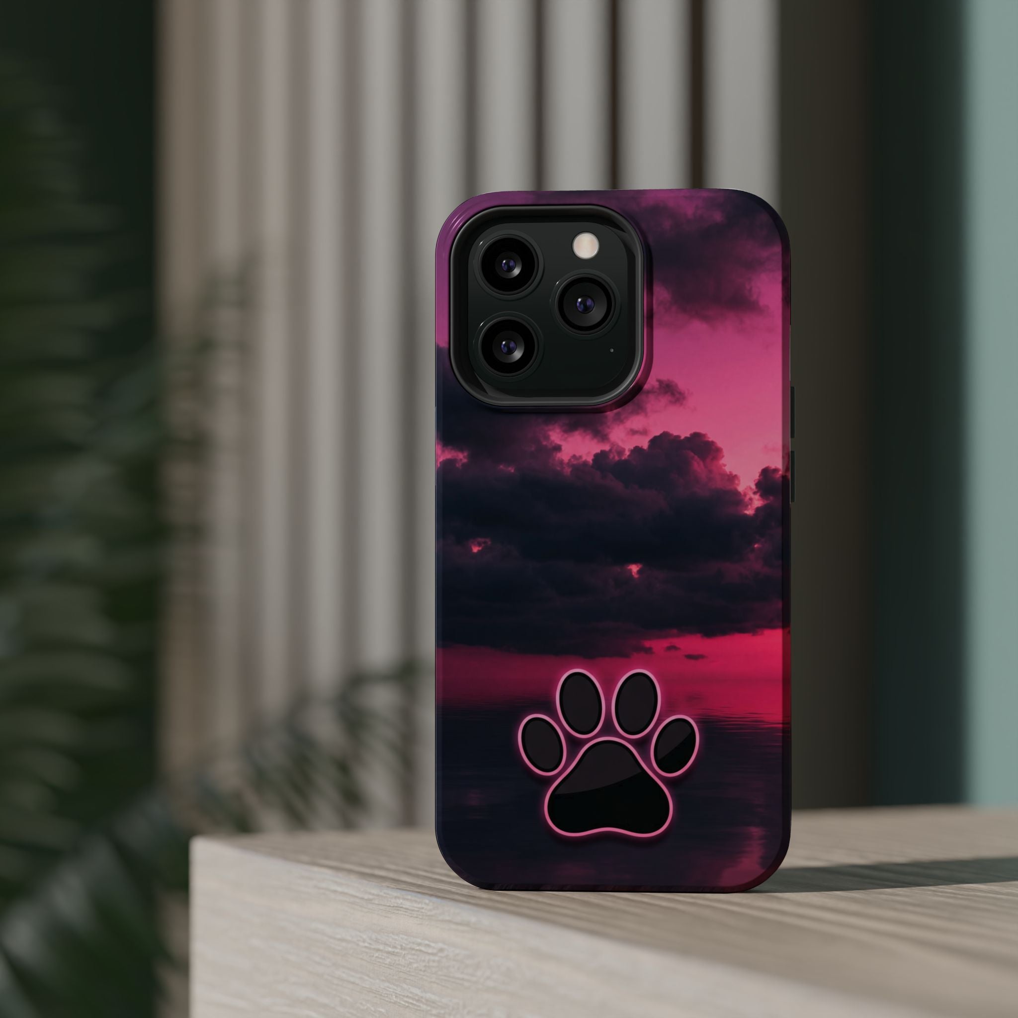 Pink Sky Paw Print Phone Case — Impact-Resistant Wireless Charging Cover