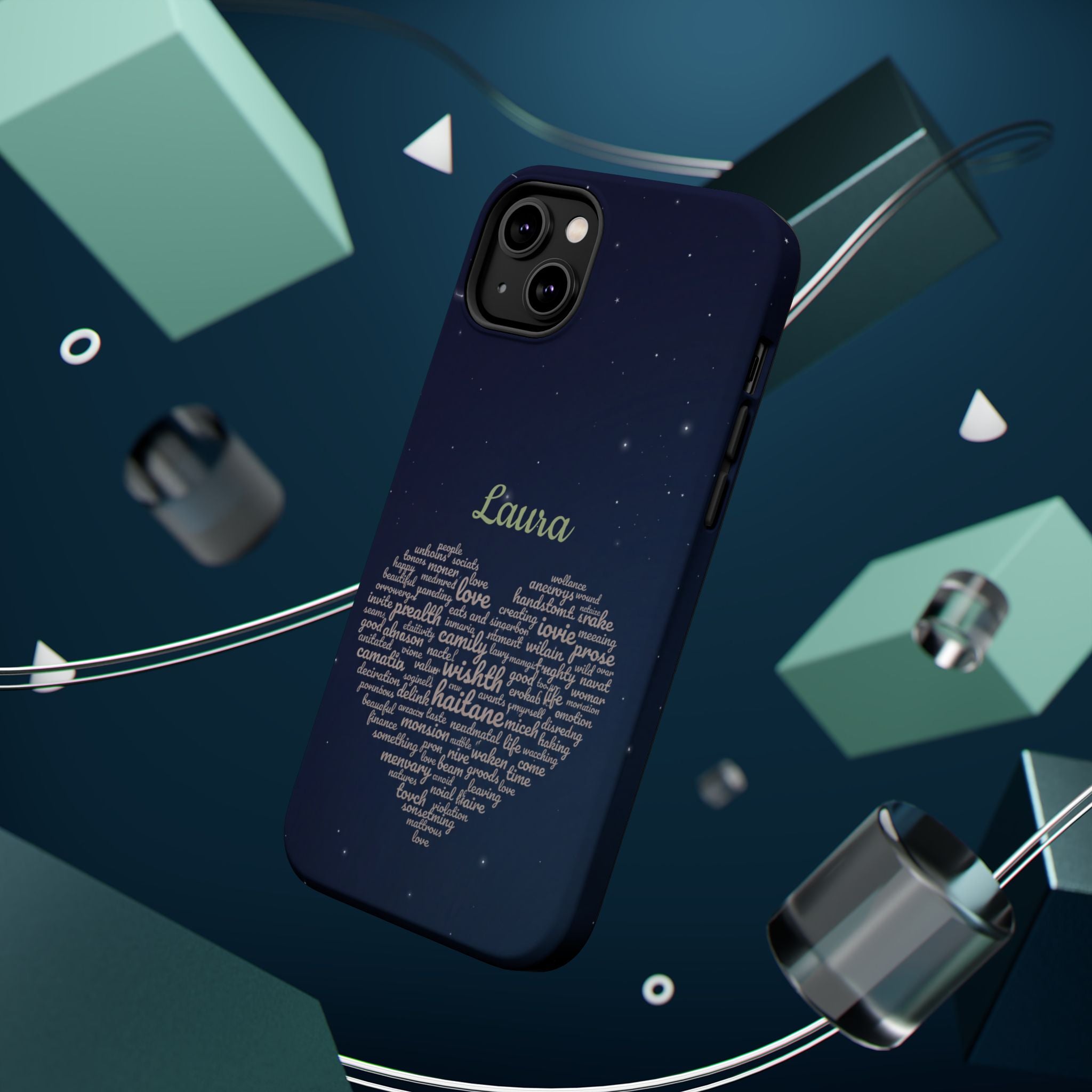Personalized Teacher Heart Word Art Phone Case — Navy Wireless Charging Cover